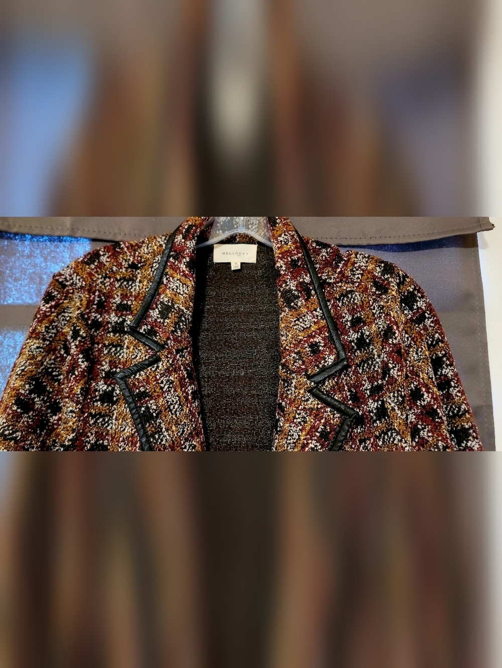 MellowDay Women's Long Tweed Style Jacket With Faux Leather Lining Sz XL - Picture 6 of 12
